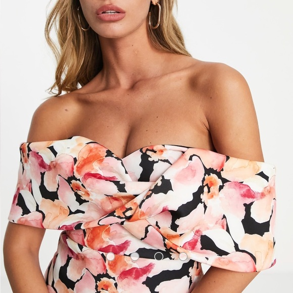 ASOS DESIGN Sweetheart Puff Bardot Midi Pink Floral Party Dress Size 14 NEW - Picture 1 of 17